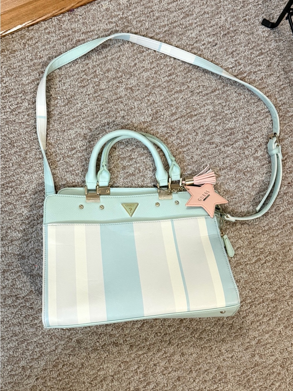 Guess Mint and White Striped Satchel with Pink Star Charm